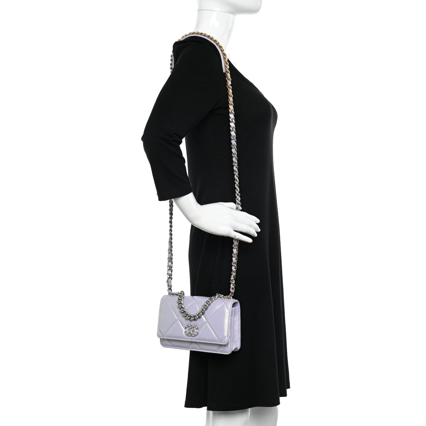 Iridescent Calfskin Quilted Chanel 19 Wallet On Chain WOC Light Purple
