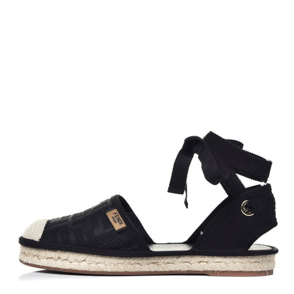 Fendi Canvas FF Embroidered Roma Ankle Wrap Flat Espadrilles 36 Black 1 of 13