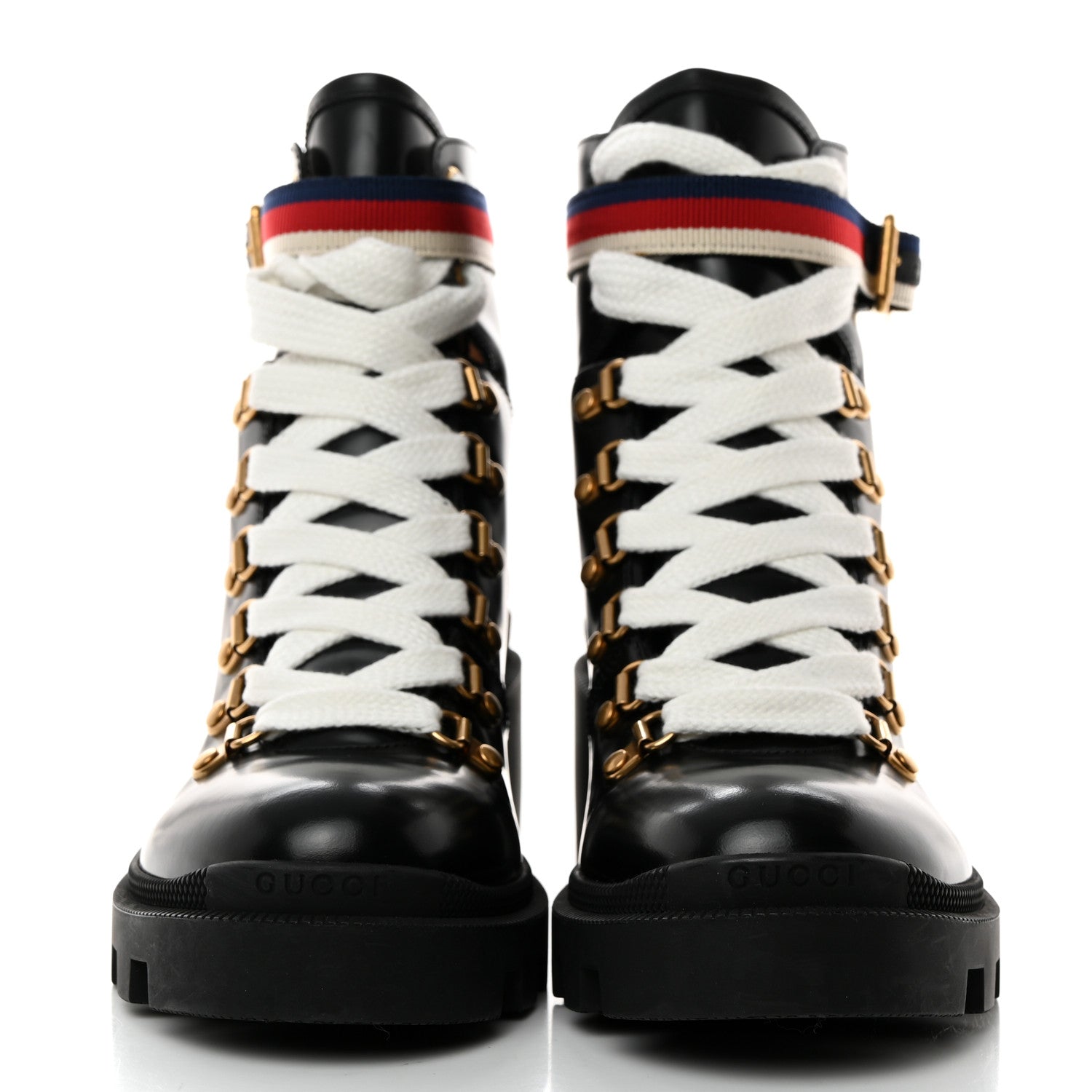 Gucci Calfskin Sylvie Web Lace Up Combat Boots 38 Black 2 of 9