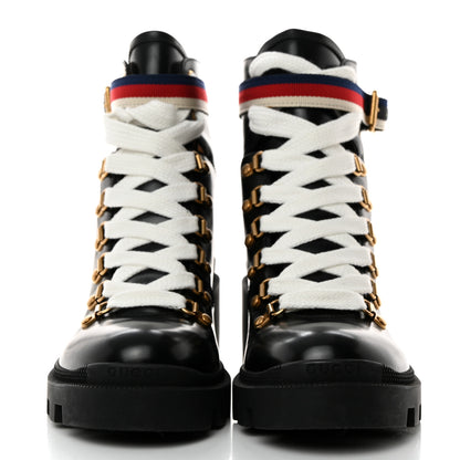 Gucci Calfskin Sylvie Web Lace Up Combat Boots 38 Black 2 of 9
