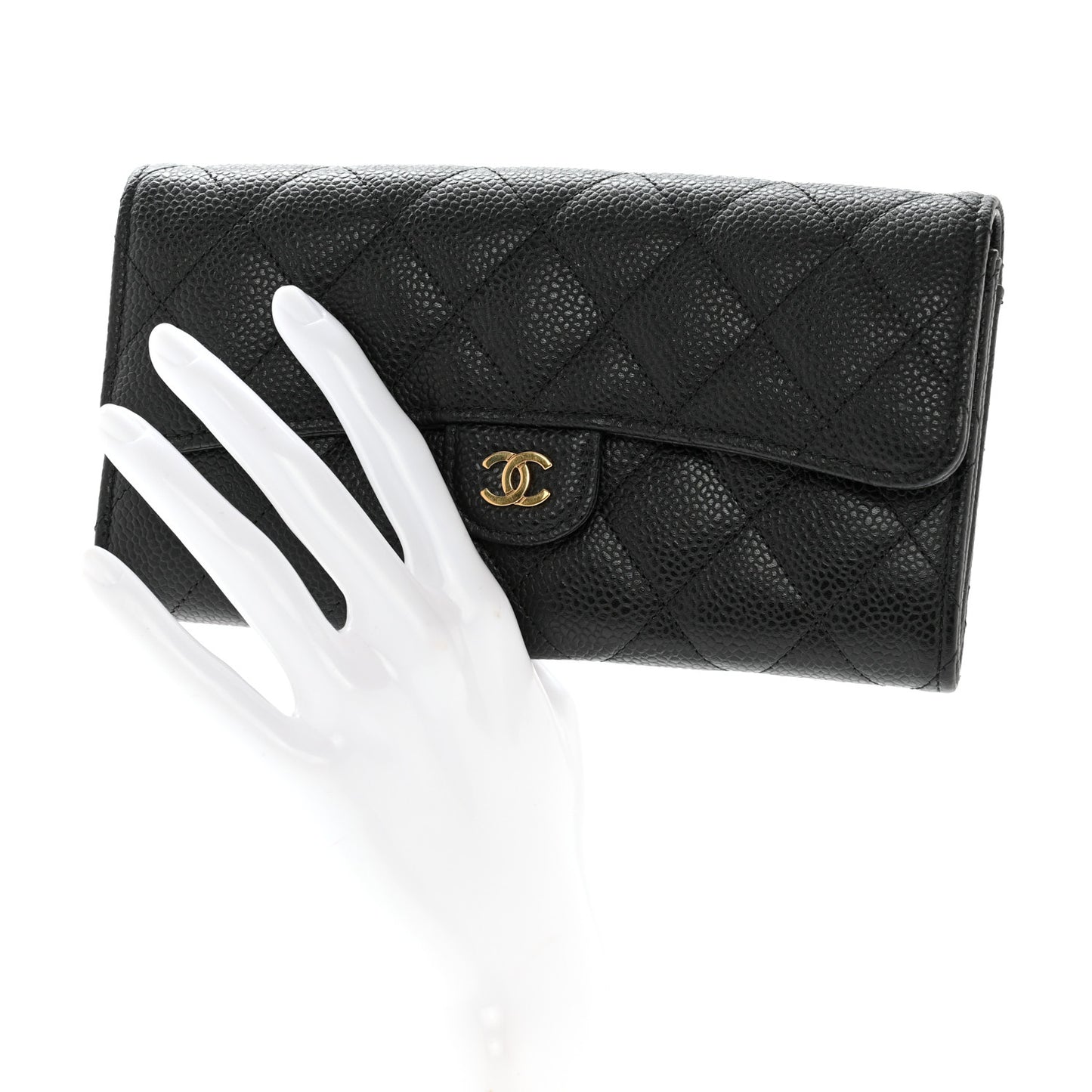Caviar Quilted Large Gusset Flap Wallet Black