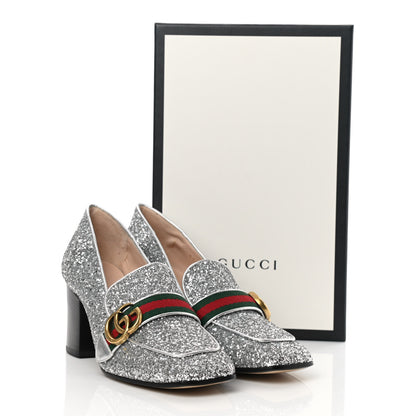 Gucci Glitter Nappa Web Peyton 75mm Loafer Pumps 38.5 Argento 9 of 9