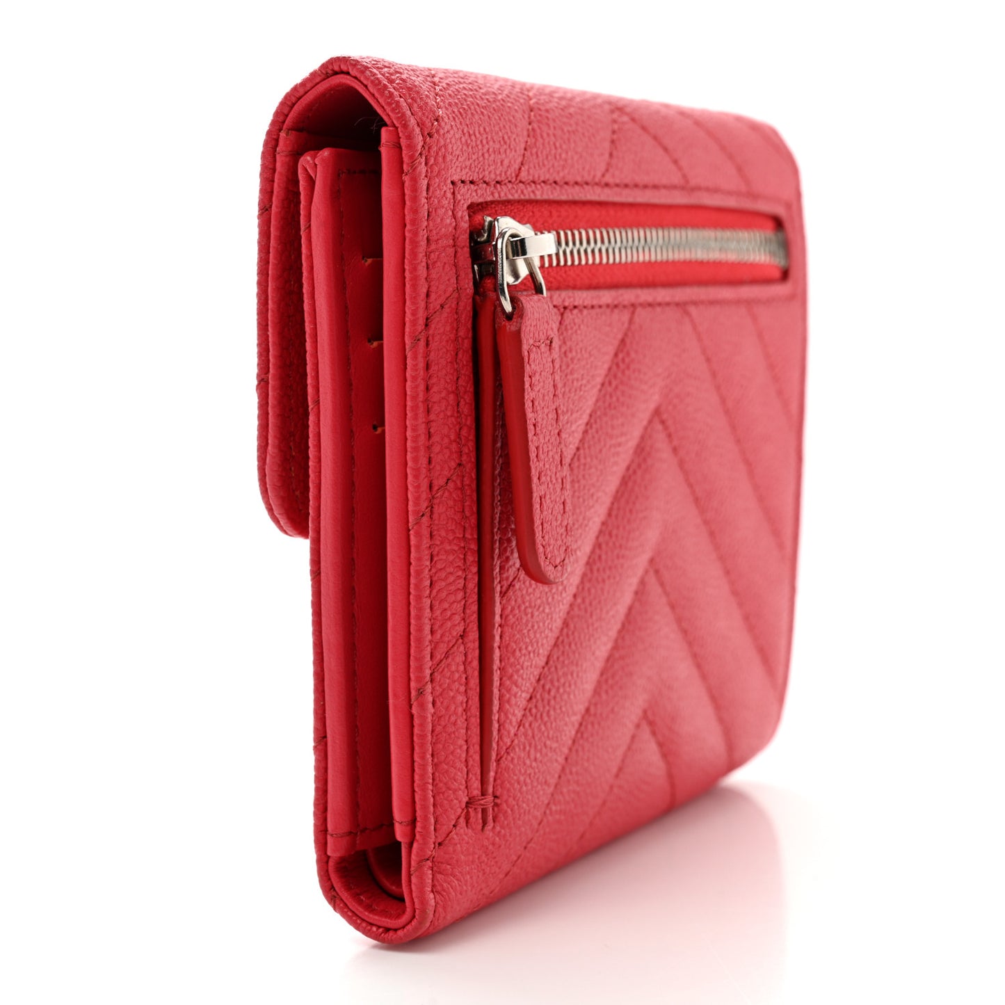 Caviar Chevron Quilted Compact Flap Wallet Red