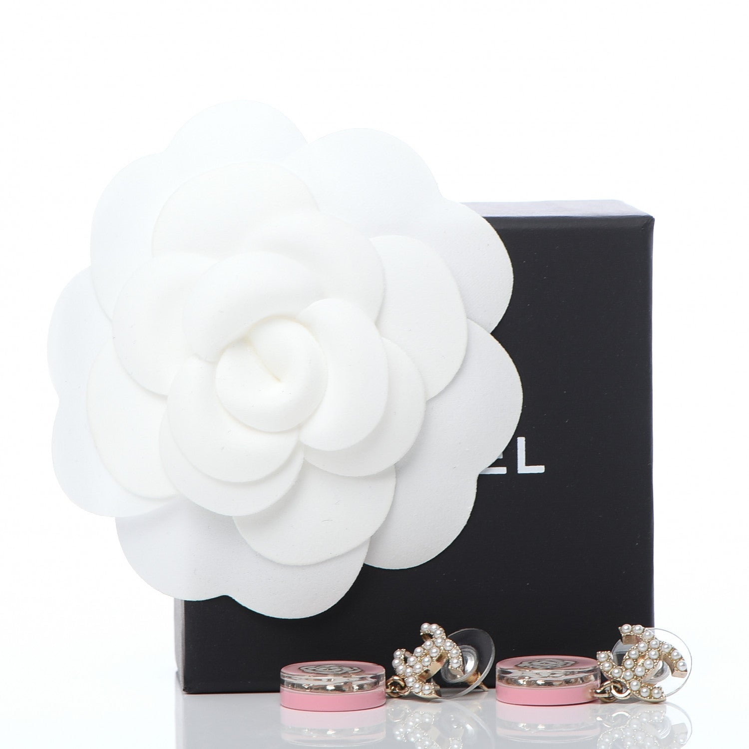 Chanel Resin Enamel Pearl CC Flower Drop Earrings Pink 5 of 5