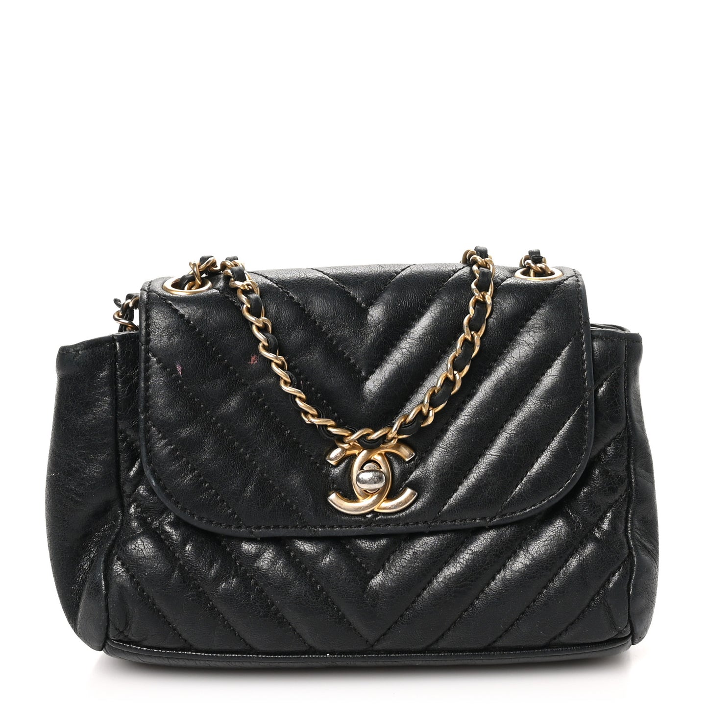 Glazed Calfskin Chevron Quilted Small Hampton Flap Black