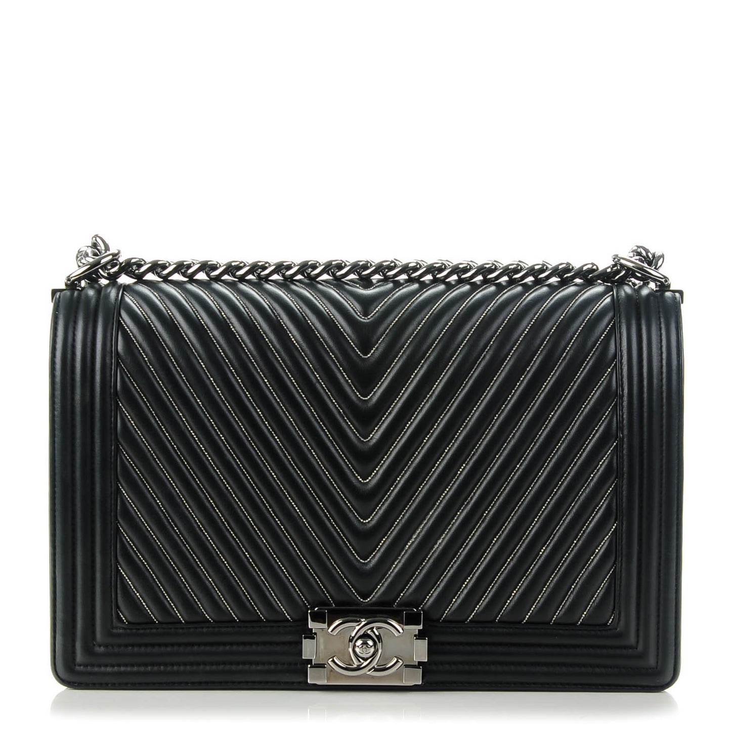 Calfskin Chain Chevron New Medium Boy Flap Black
