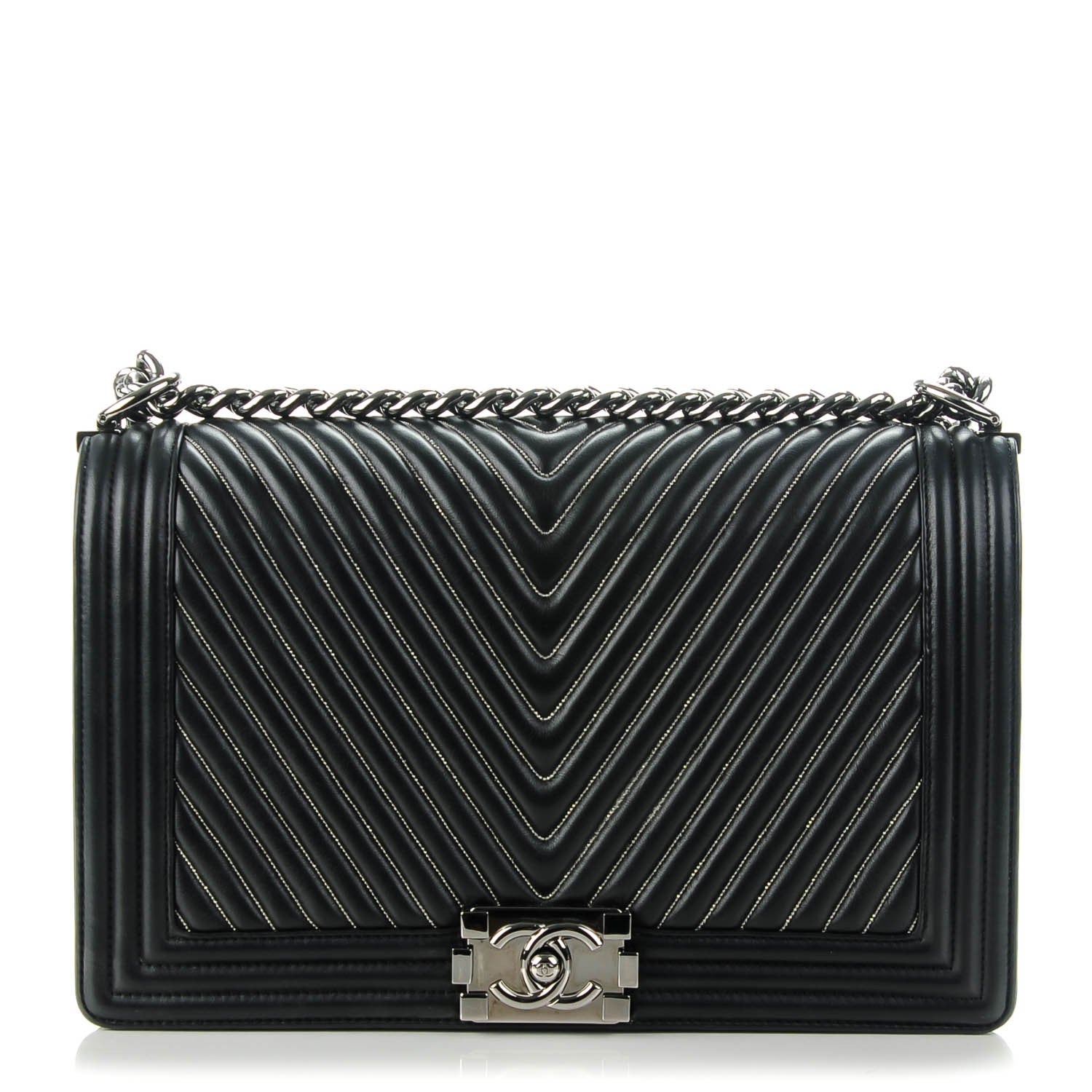 Chanel Calfskin Chain Chevron New Medium Boy Flap Black 1 of 7