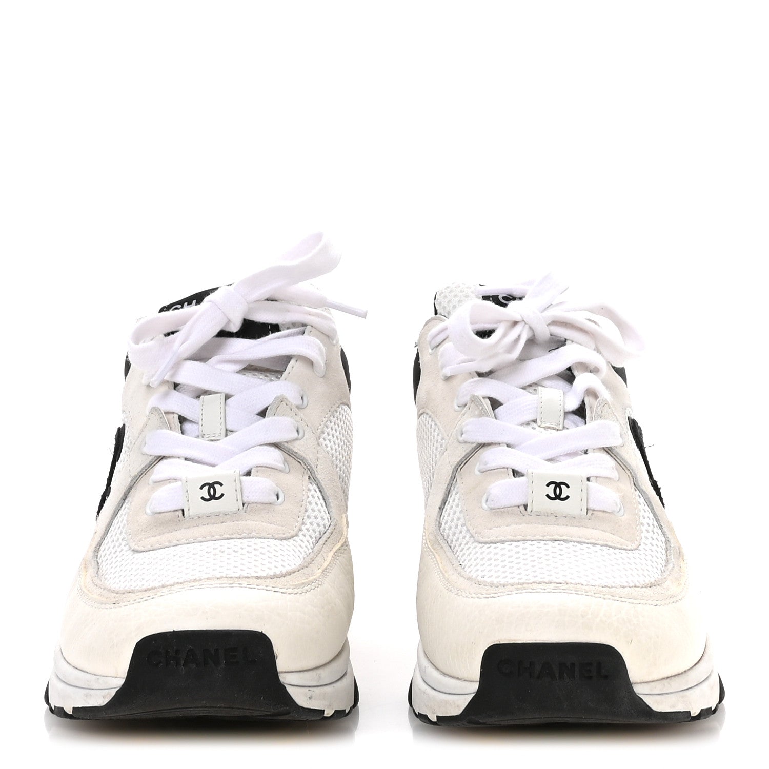 Chanel Mesh Suede Calfskin Grained Calfskin Womens CC Sneakers 38.5 White Black 3 of 9