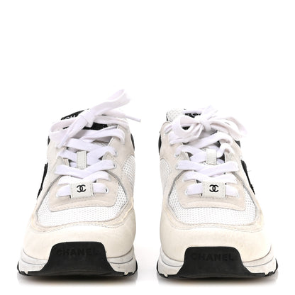 Chanel Mesh Suede Calfskin Grained Calfskin Womens CC Sneakers 38.5 White Black 3 of 9