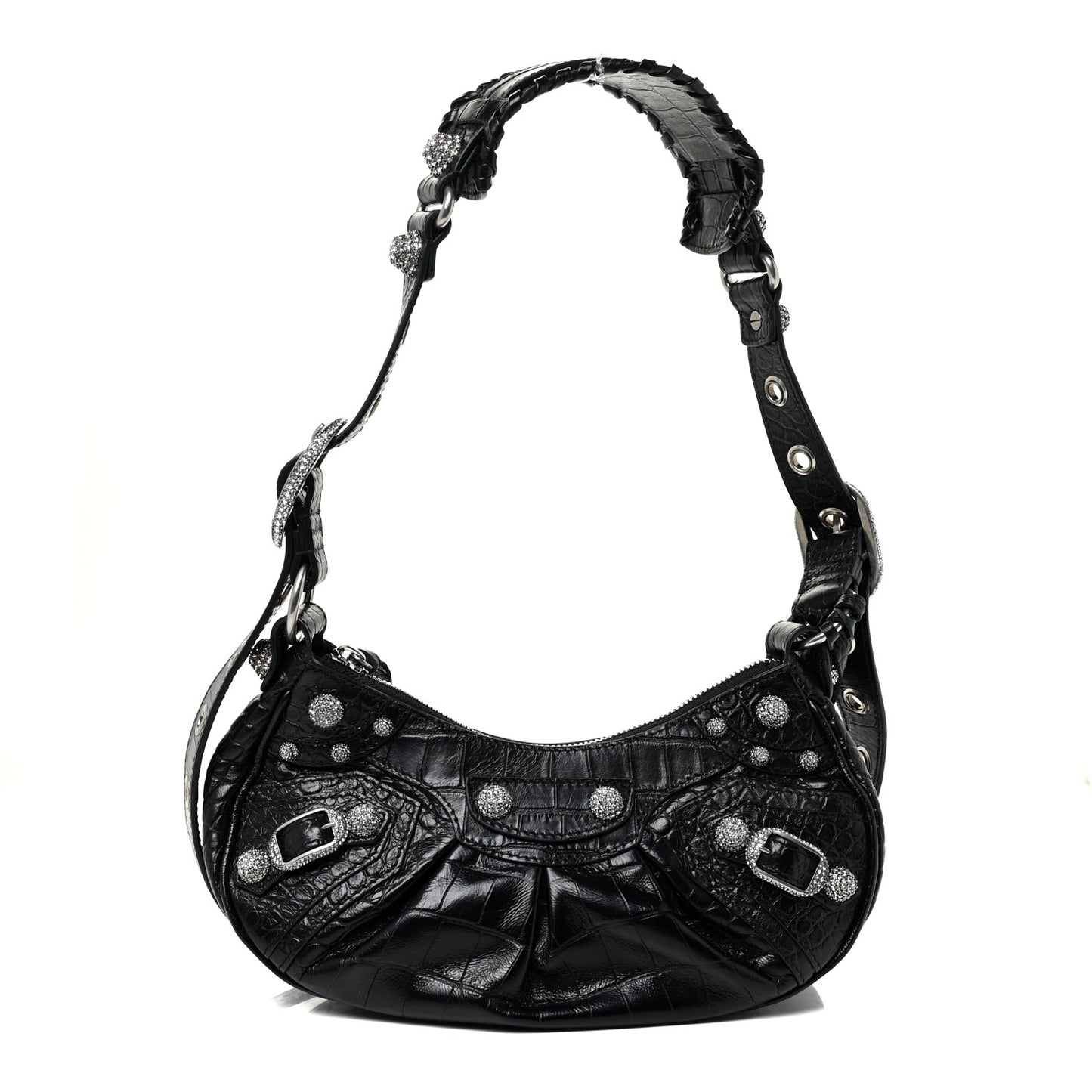 Extra Supple Calfskin Crystal Crocodile Embossed Le Cagole Shoulder Bag XS Black