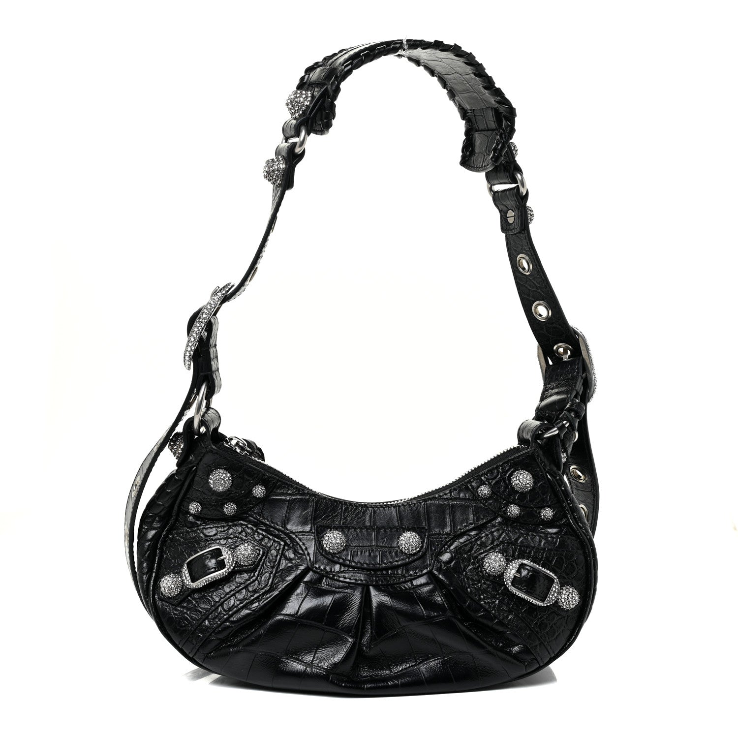 Balenciaga Extra Supple Calfskin Crystal Crocodile Embossed Le Cagole Shoulder Bag XS Black 1 of 10