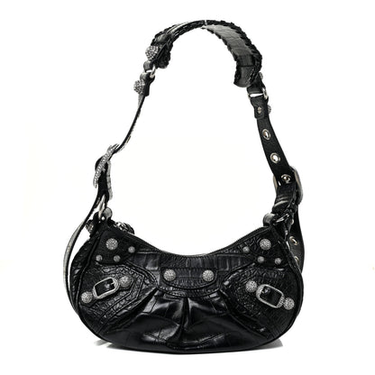 Balenciaga Extra Supple Calfskin Crystal Crocodile Embossed Le Cagole Shoulder Bag XS Black 1 of 10