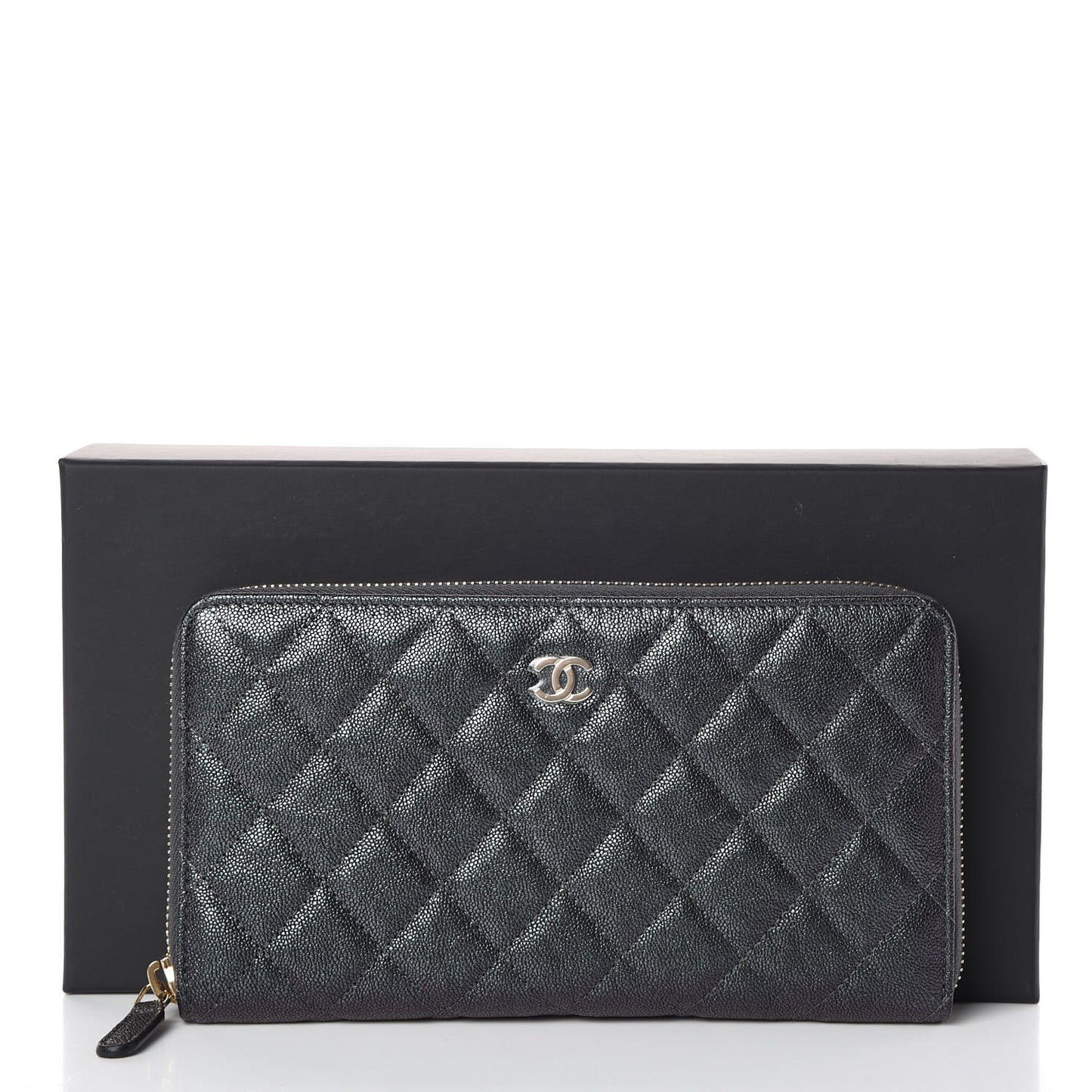Iridescent Caviar Quilted Large Zip Around Organizer Wallet Black