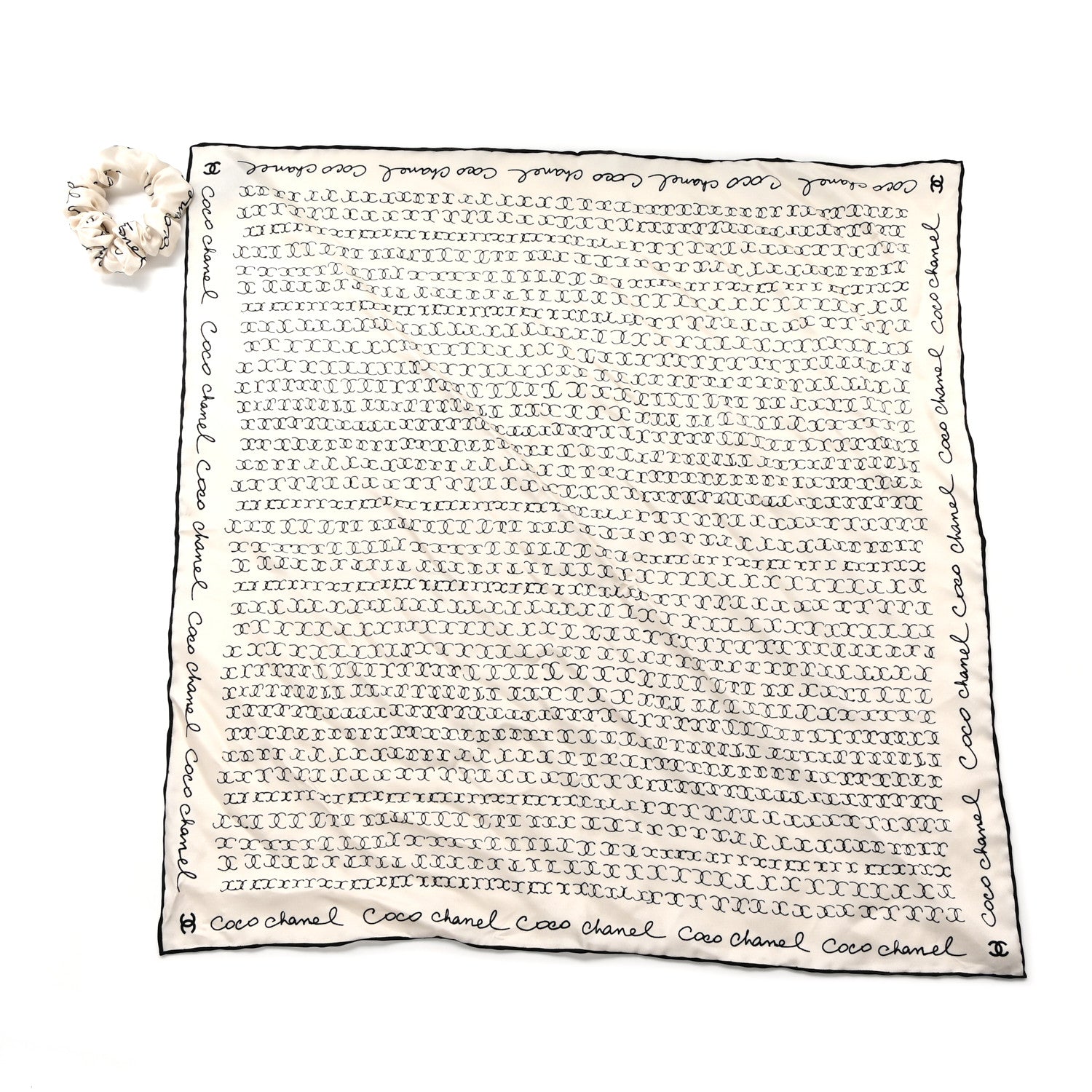 Chanel Silk Twill Square Scarf Hair Tie White Black 2 of 7