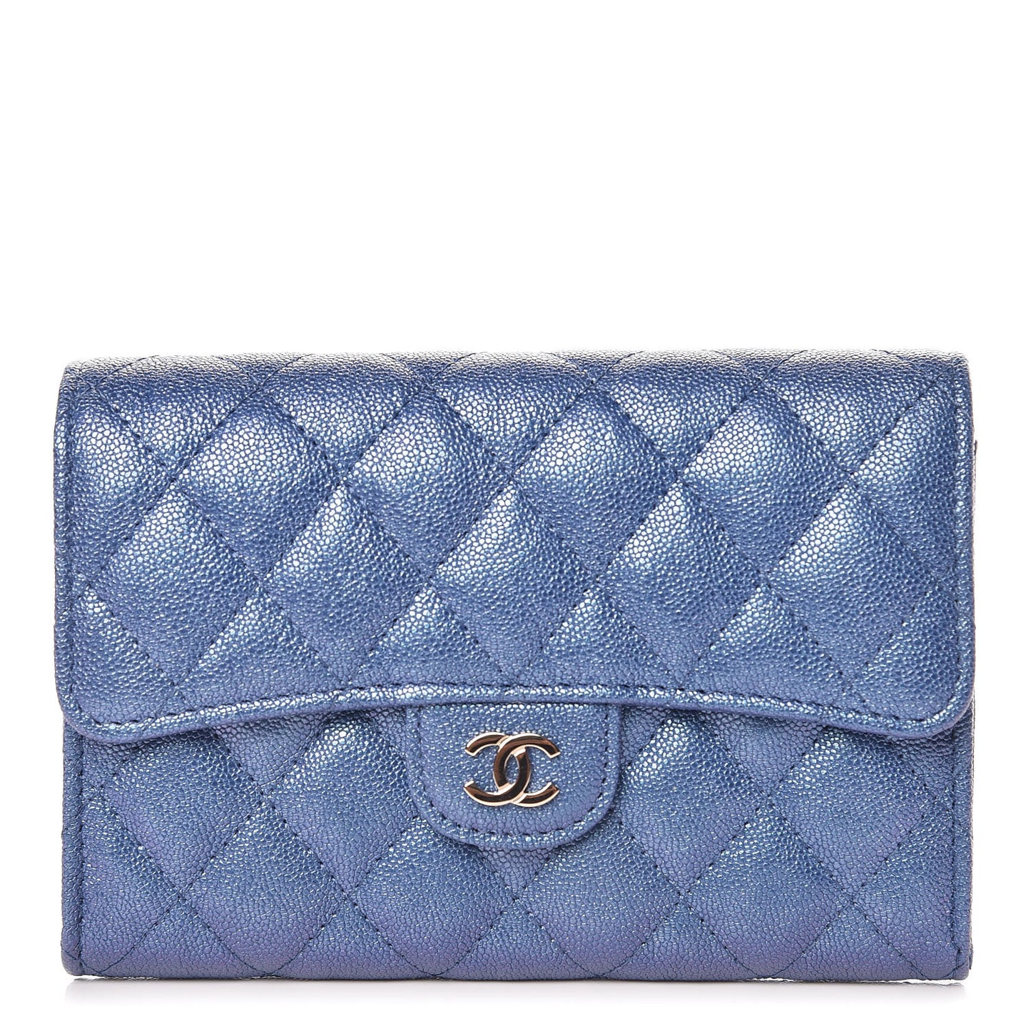 Iridescent Caviar Quilted Medium Flap Wallet Blue