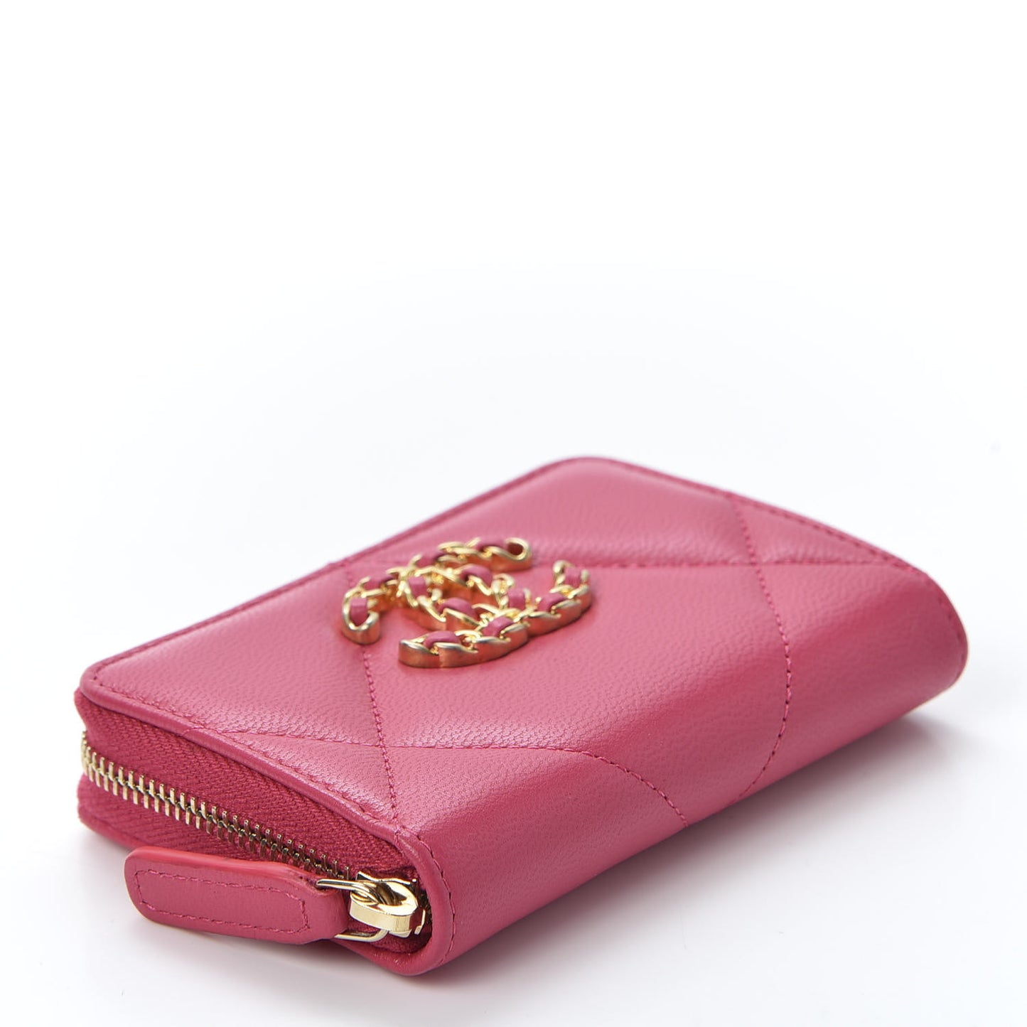 Goatskin Quilted 19 Zip Around Coin Purse Wallet Dark Pink