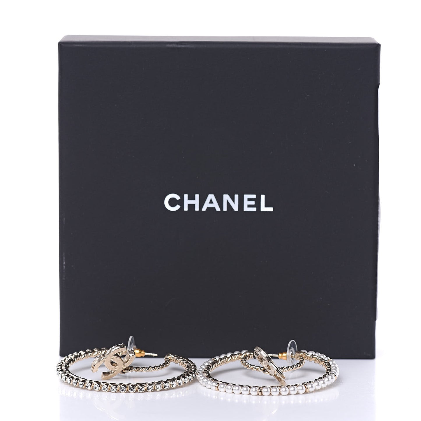 Crystal Pearl CC Drop Hoop Earrings Gold Pearly White