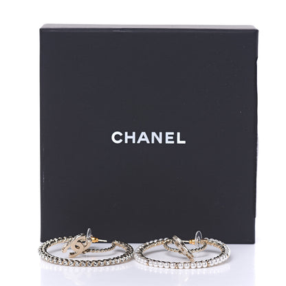 Chanel Crystal Pearl CC Drop Hoop Earrings Gold Pearly White 5 of 5