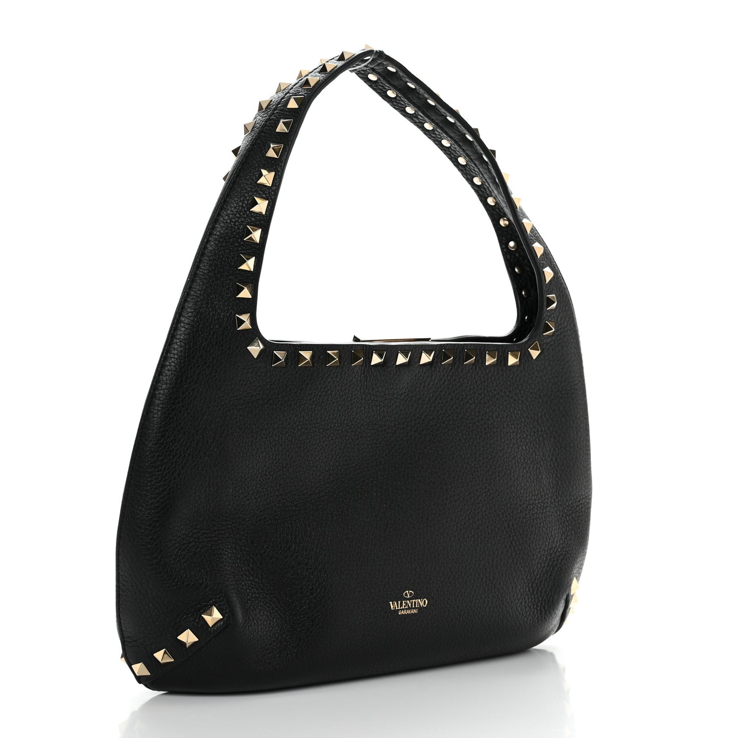 Pebbled Calfskin Small Rockstud Flip Lock Hobo Black
