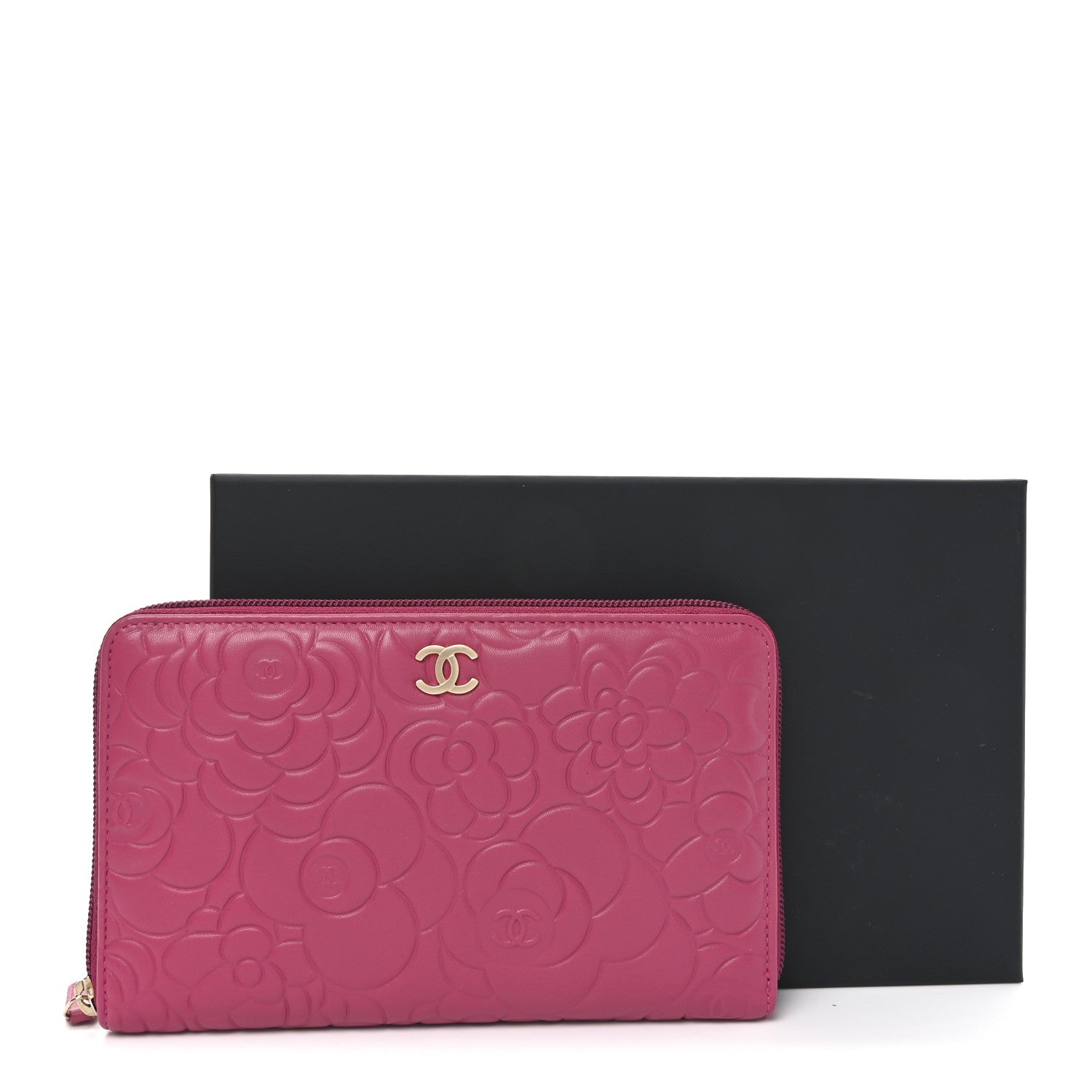 Chanel Lambskin Camellia Embossed Zip Around Organizer Wallet Fuchsia 9 of 9