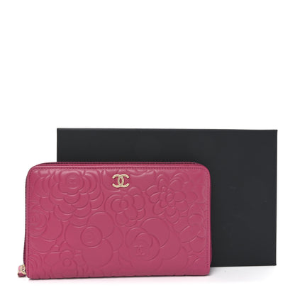 Chanel Lambskin Camellia Embossed Zip Around Organizer Wallet Fuchsia 9 of 9