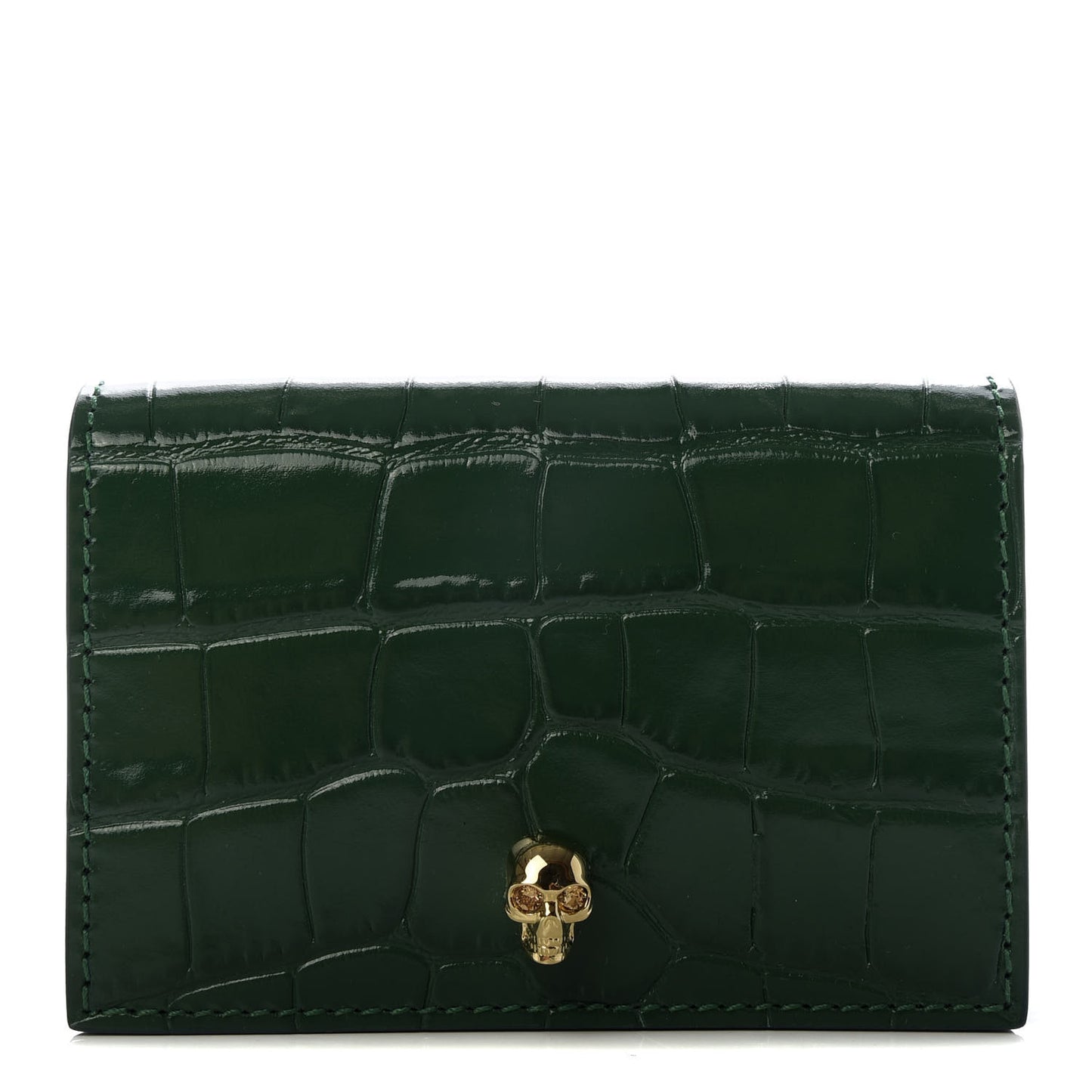 Calfskin Crocodile Embossed Skull Card Holder Emerald