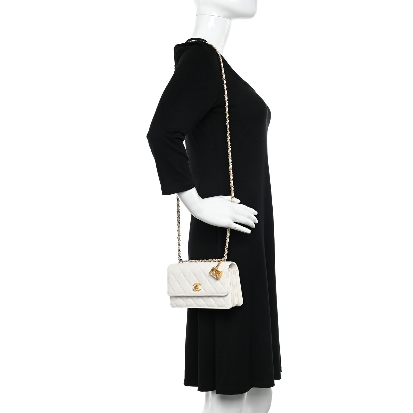 Shiny Caviar Quilted Flap Charm Wallet On Chain WOC White
