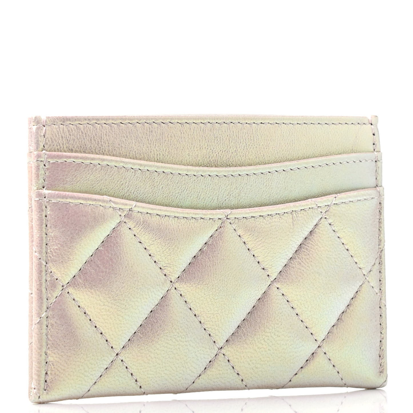 Iridescent Lambskin Quilted Card Holder Ivory