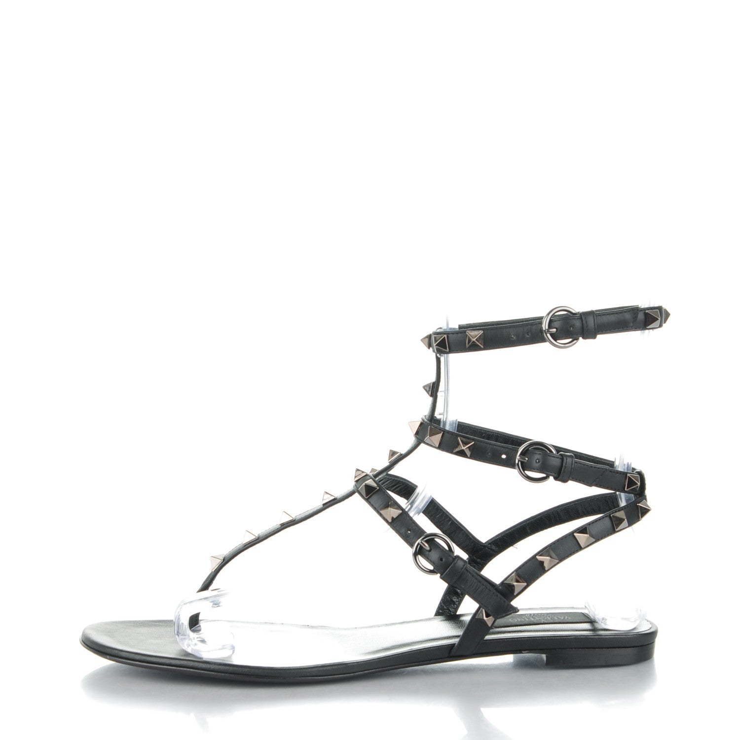 Valentino Garavani Calfskin Rockstud Ankle Wrap Flat Thong Sandals 41 Black 1 of 8