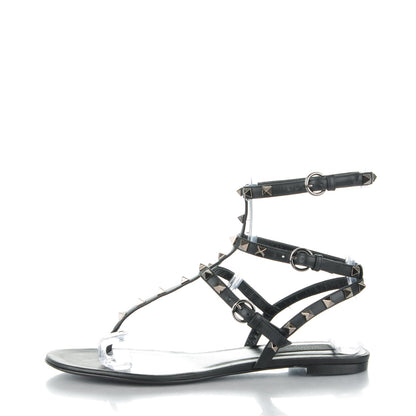 Valentino Garavani Calfskin Rockstud Ankle Wrap Flat Thong Sandals 41 Black 1 of 8