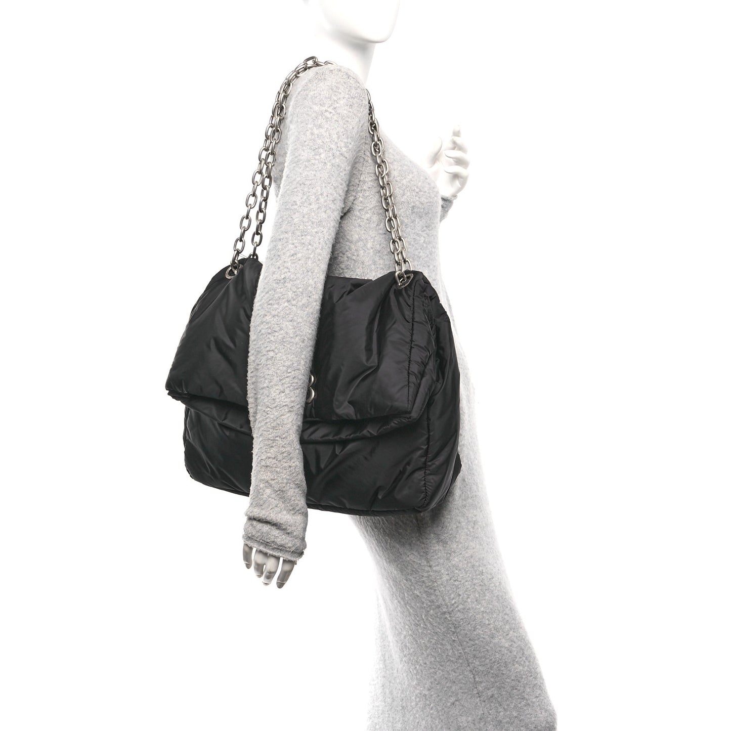 Nylon Large Monaco Chain Shoulder Bag Black