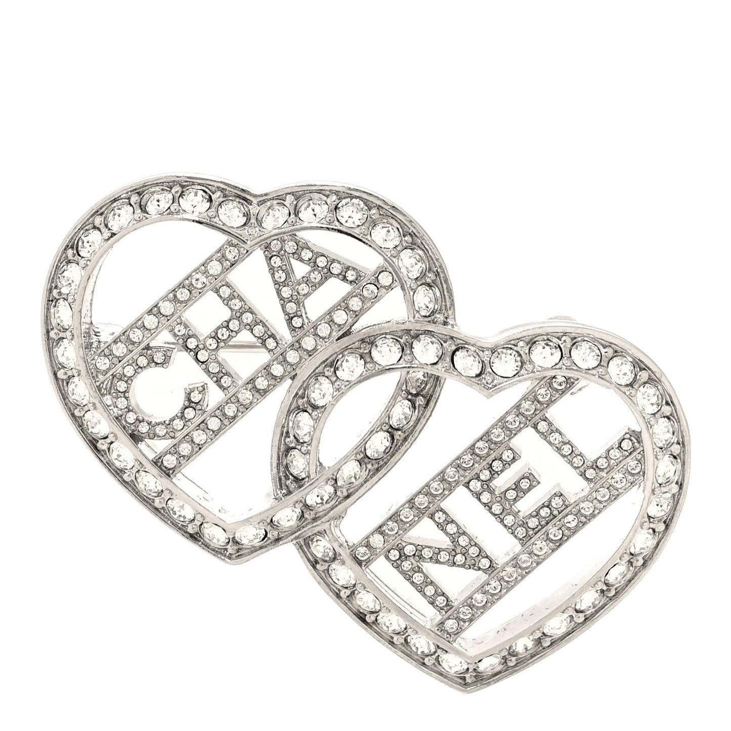 Crystal Double Heart Logo Brooch Silver