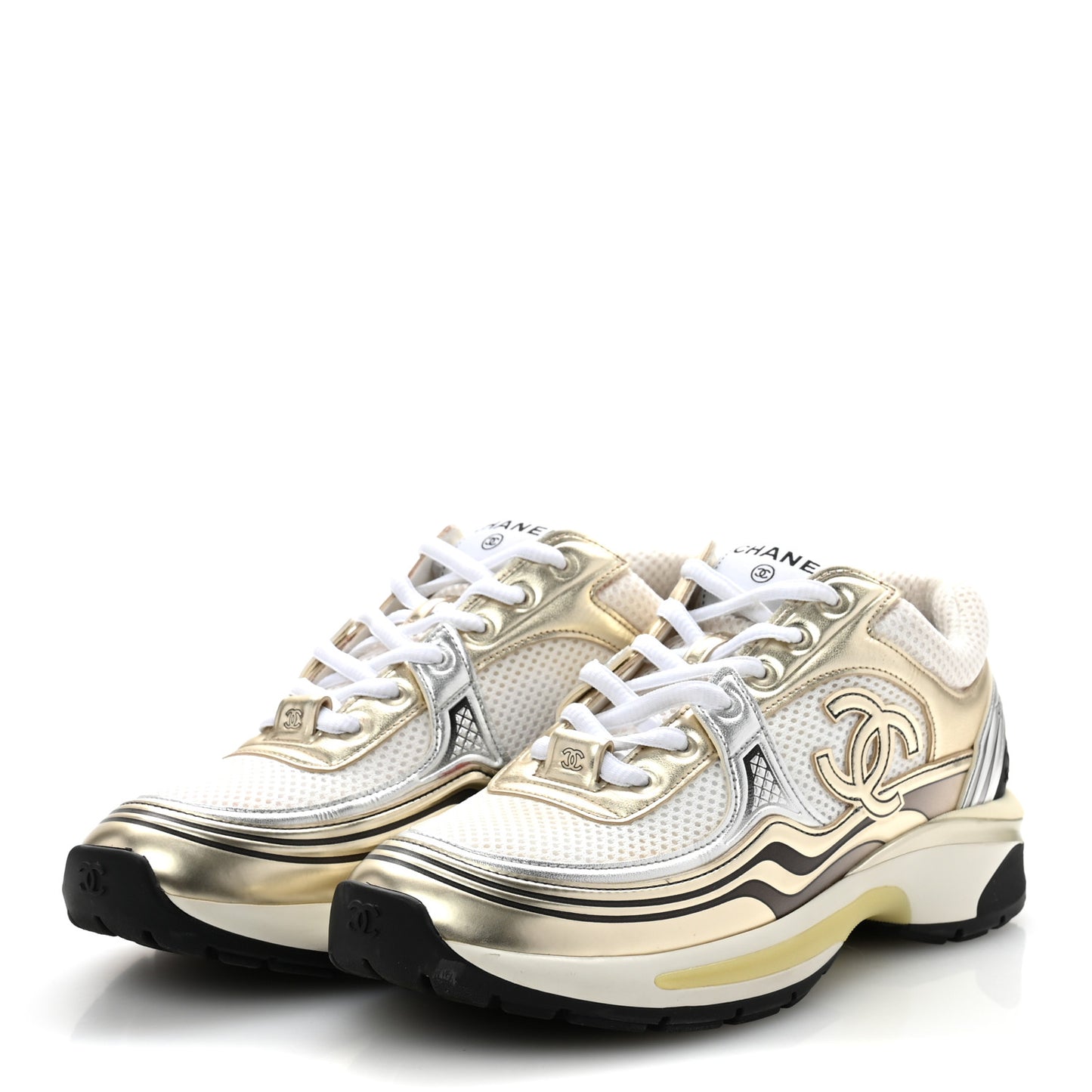 Fabric Laminated Calfskin Stretch CC Sneakers 38 White Gold Silver