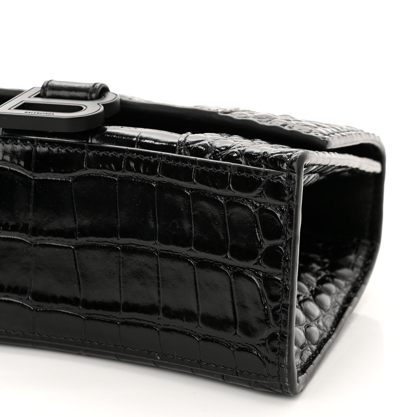 Shiny Calfskin Monochrome Crocodile Embossed Hourglass Top Handle Bag XS Black