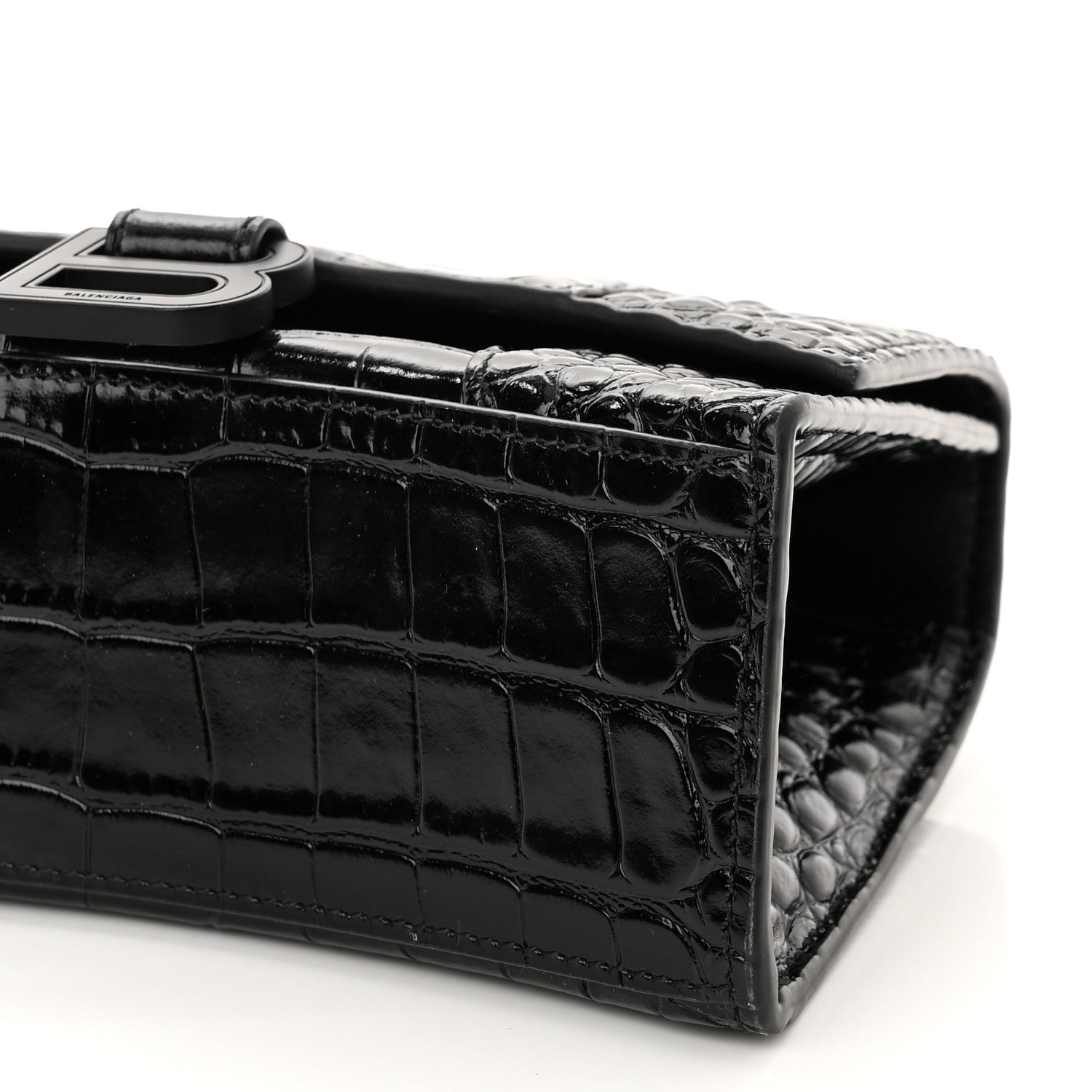 Balenciaga Shiny Calfskin Monochrome Crocodile Embossed Hourglass Top Handle Bag XS Black 9 of 10