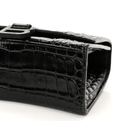 Balenciaga Shiny Calfskin Monochrome Crocodile Embossed Hourglass Top Handle Bag XS Black 9 of 10