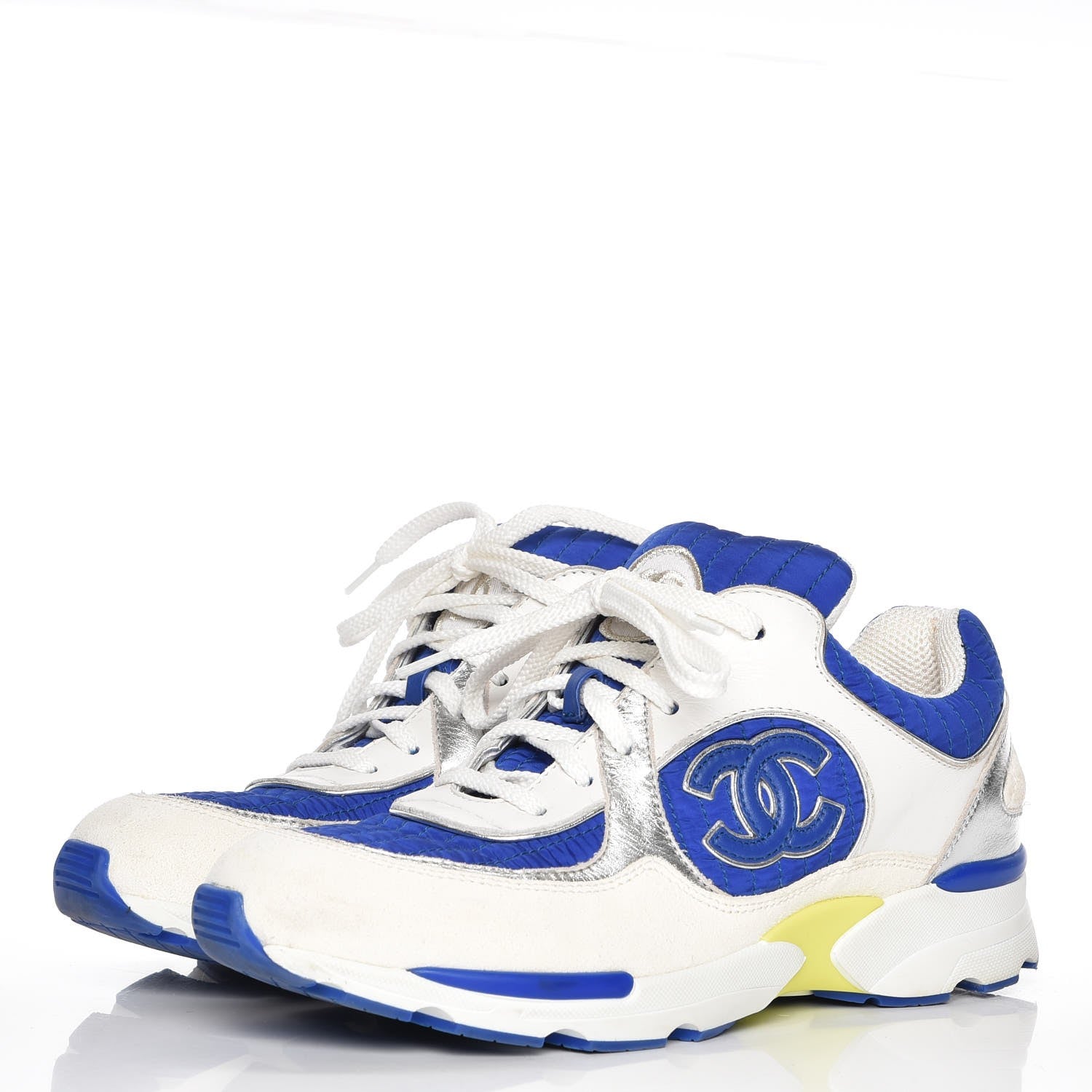 Chanel Suede Calfskin CC Sneakers 37.5 White Blue Yellow 3 of 8