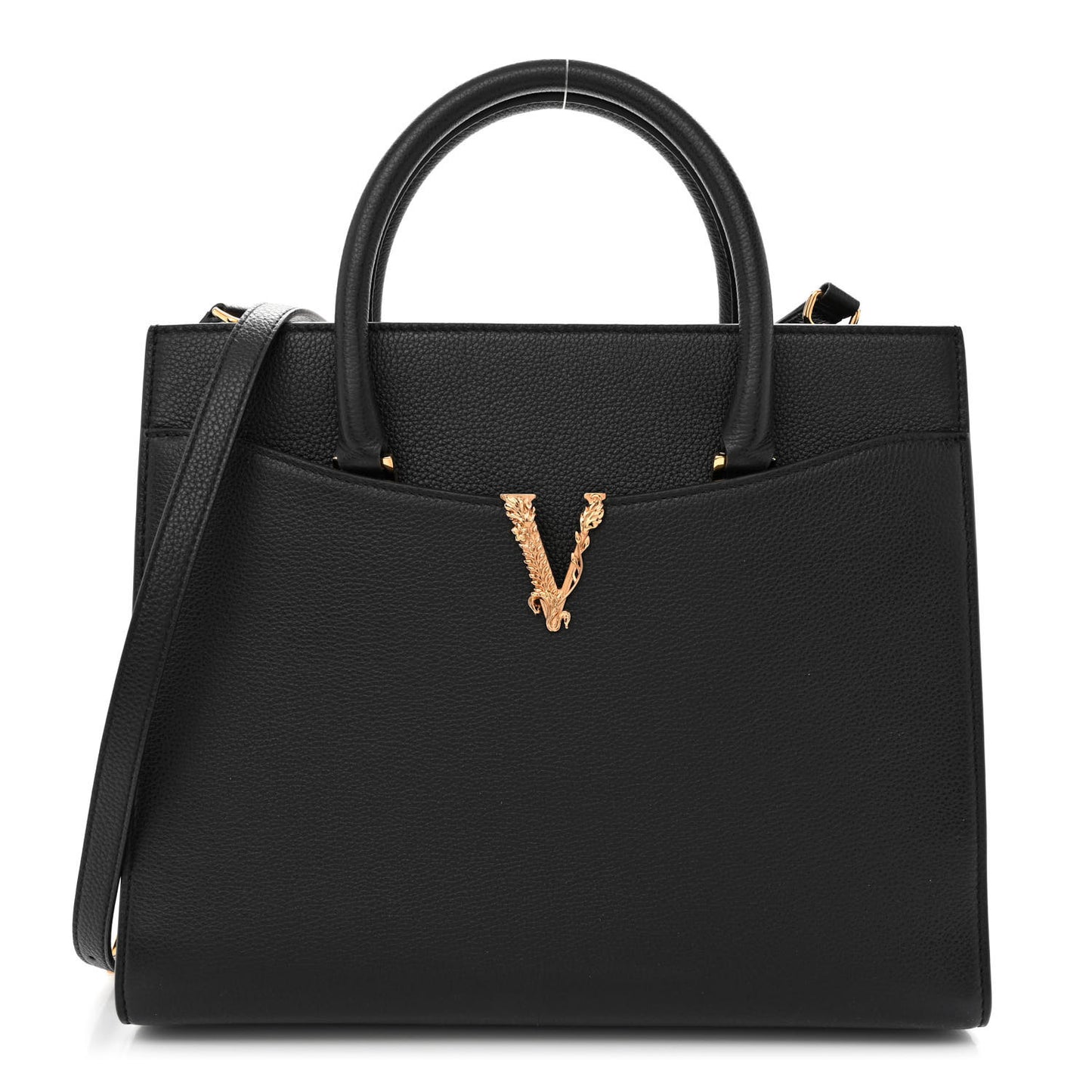 Grained Calfskin Large Virtus Top Handle Shoulder Bag Black