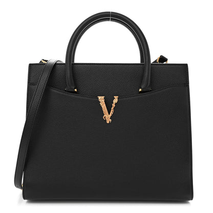 Versace Grained Calfskin Large Virtus Top Handle Shoulder Bag Black 1 of 12