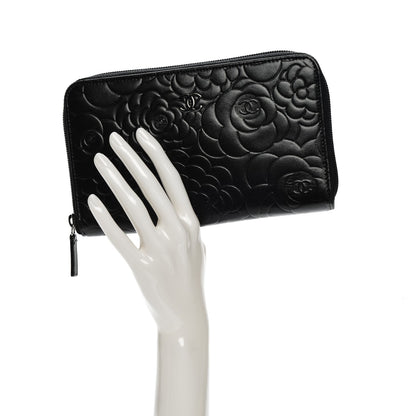Chanel Lambskin Camellia Embossed Zip Around Organizer Wallet Black 2 of 9