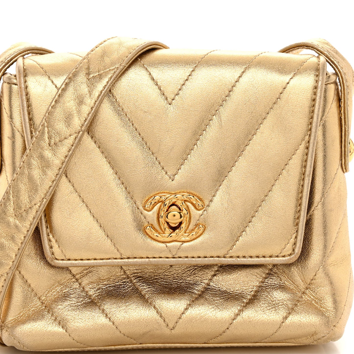 Metallic Lambskin Chevron Quilted Micro Flap Bag Gold