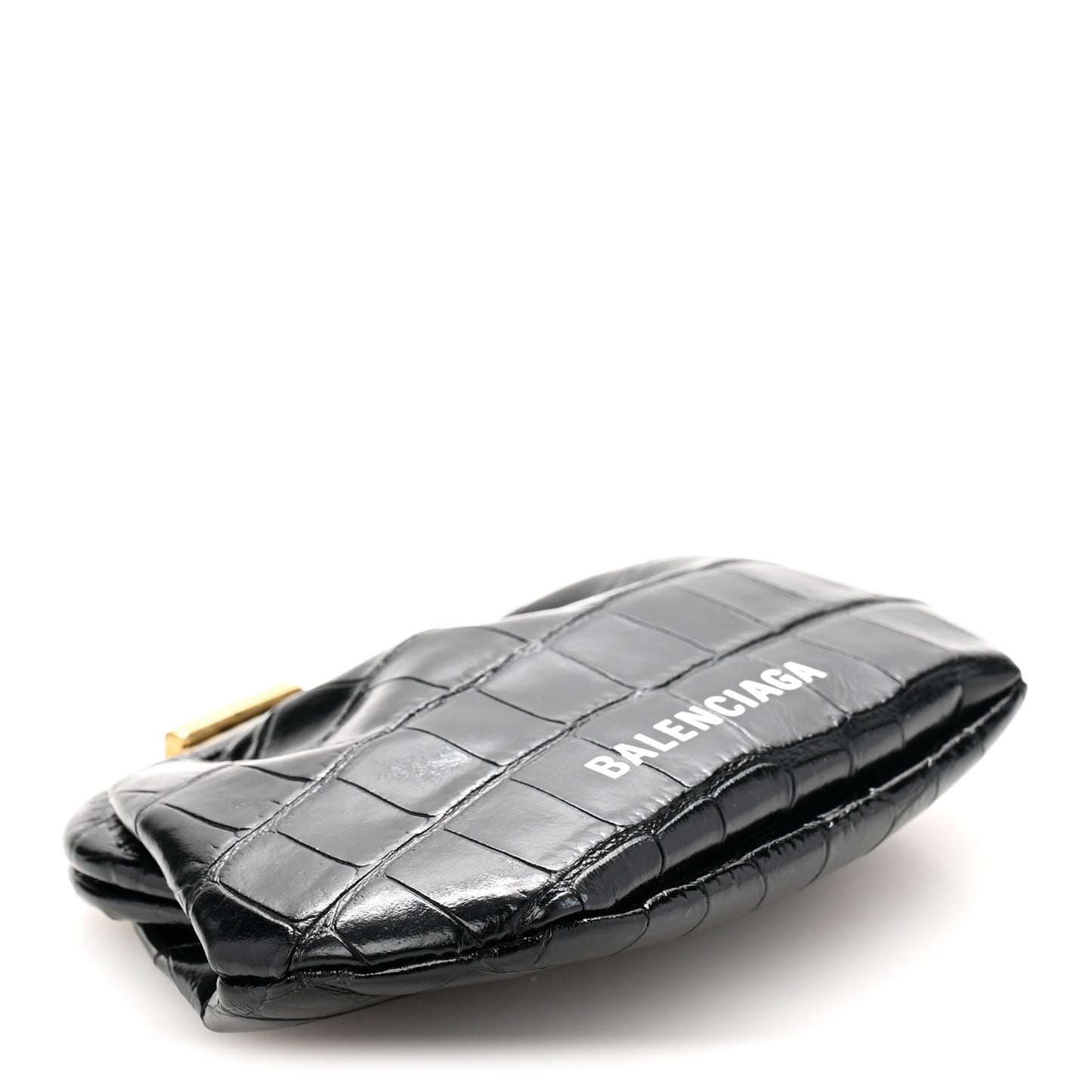 Shiny Supple Calfskin Logo Crocodile Embossed Cloud Coin Purse Black White
