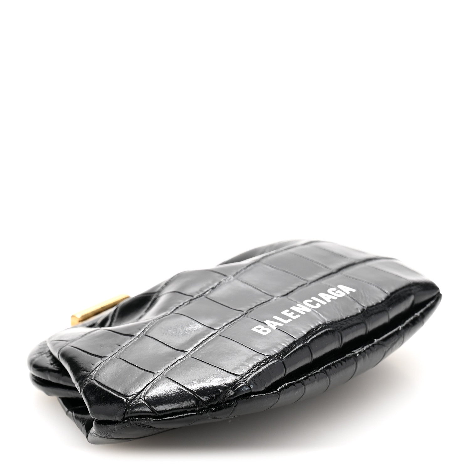 Balenciaga Shiny Supple Calfskin Logo Crocodile Embossed Cloud Coin Purse Black White 4 of 11