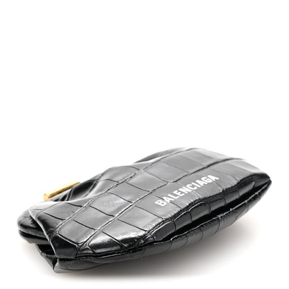 Balenciaga Shiny Supple Calfskin Logo Crocodile Embossed Cloud Coin Purse Black White 4 of 11