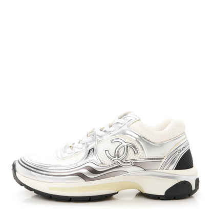 Chanel Fabric Laminated Calfskin Stretch CC Womens Sneakers 37 White Silver 1 of 9