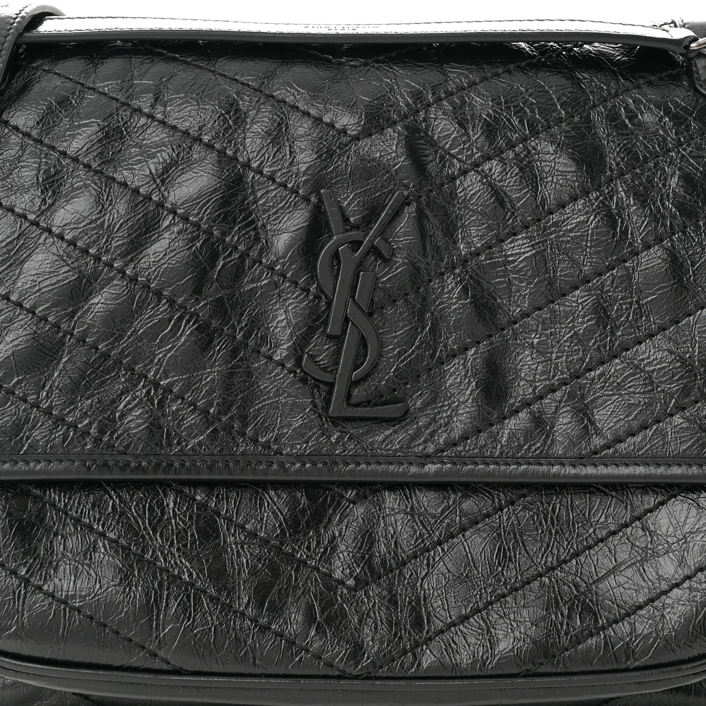 Crinkled Calfskin Matelasse Monogram Large Niki Chain Satchel Black