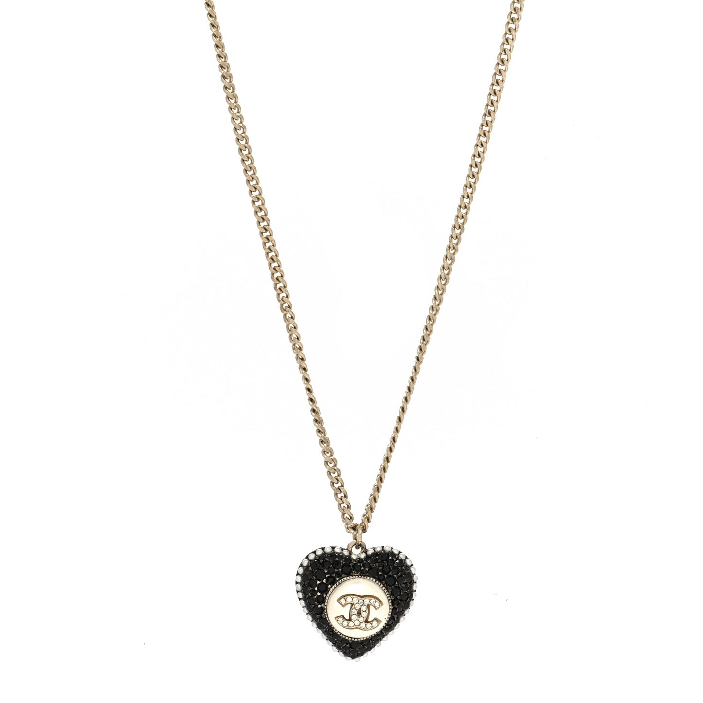 Pearl Crystal CC Heart Necklace Gold Pearly White Black