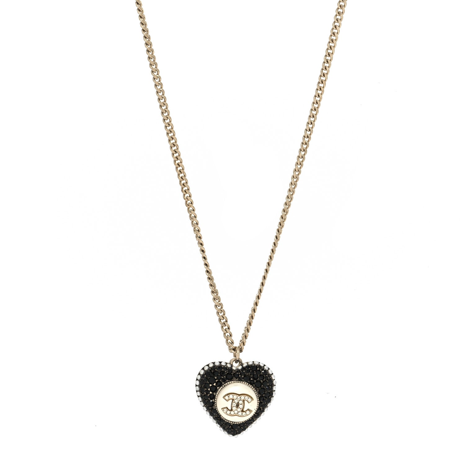 Chanel Pearl Crystal CC Heart Necklace Gold Pearly White Black 1 of 5