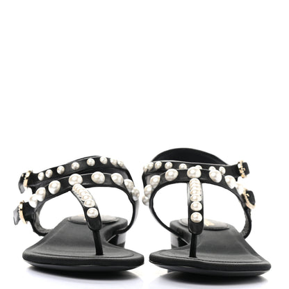 Chanel Calfskin Grosgrain Pearl Thong Sandals 35.5 Black 2 of 7