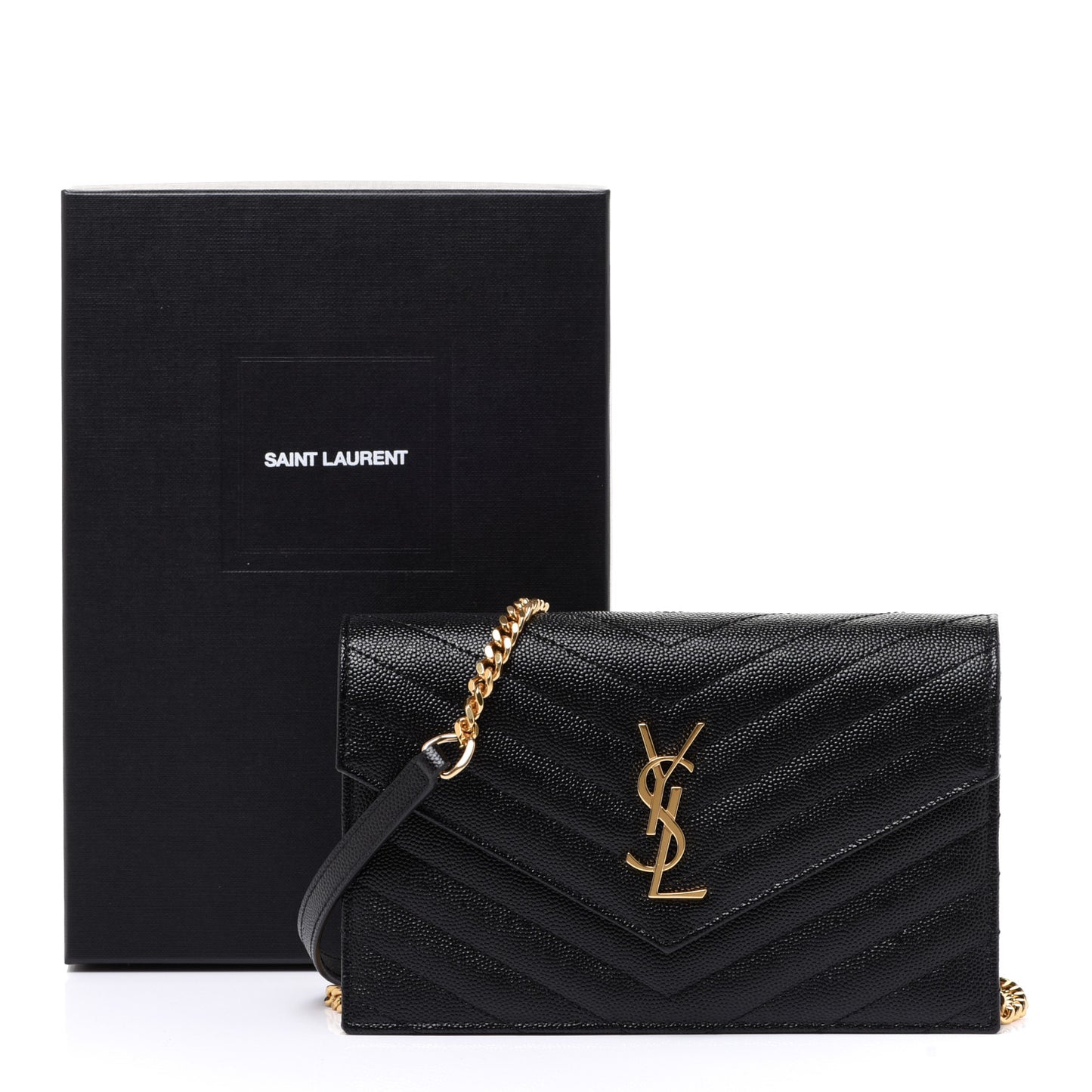 Grain De Poudre Matelasse Chevron Monogram Envelope Chain Wallet Black